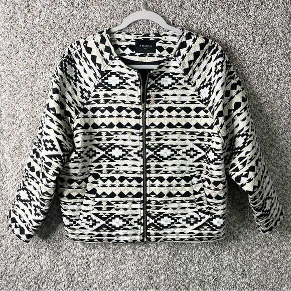FRNCH Jacket Women’s M/L Black, Ivory and Gold Geometric Zip Up - Picture 1 of 7